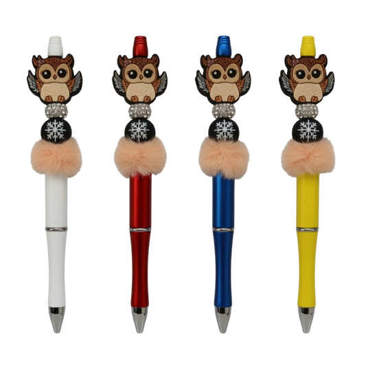 Penna con Gufo in Rilievo, Palla di Neve e Pompon | Idea Regalo Artigianale