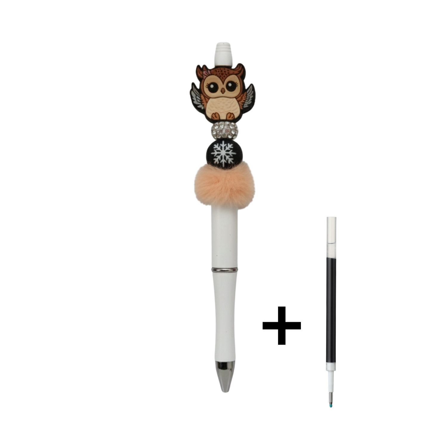 Penna con Gufo in Rilievo, Palla di Neve e Pompon | Idea Regalo Artigianale