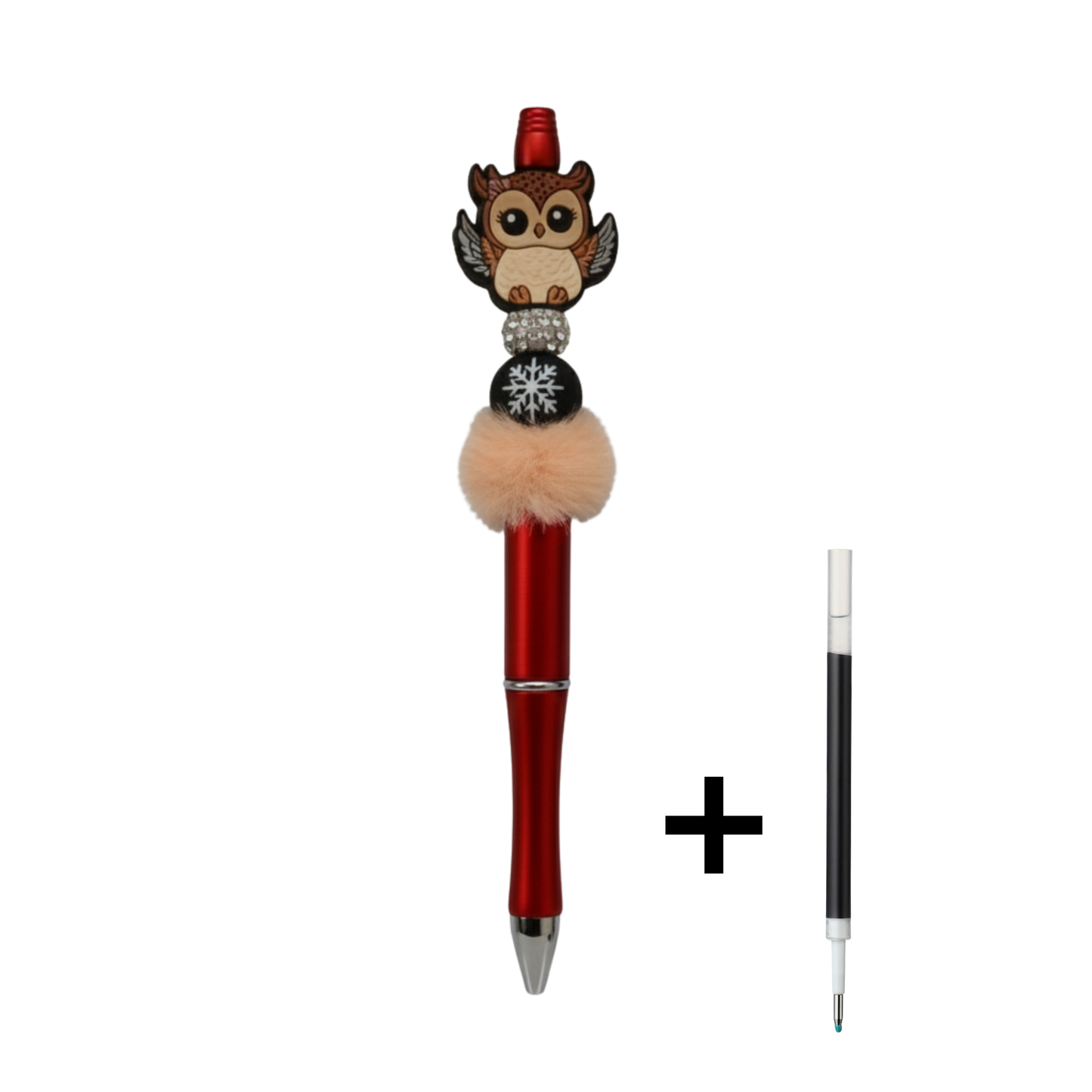 Penna con Gufo in Rilievo, Palla di Neve e Pompon | Idea Regalo Artigianale