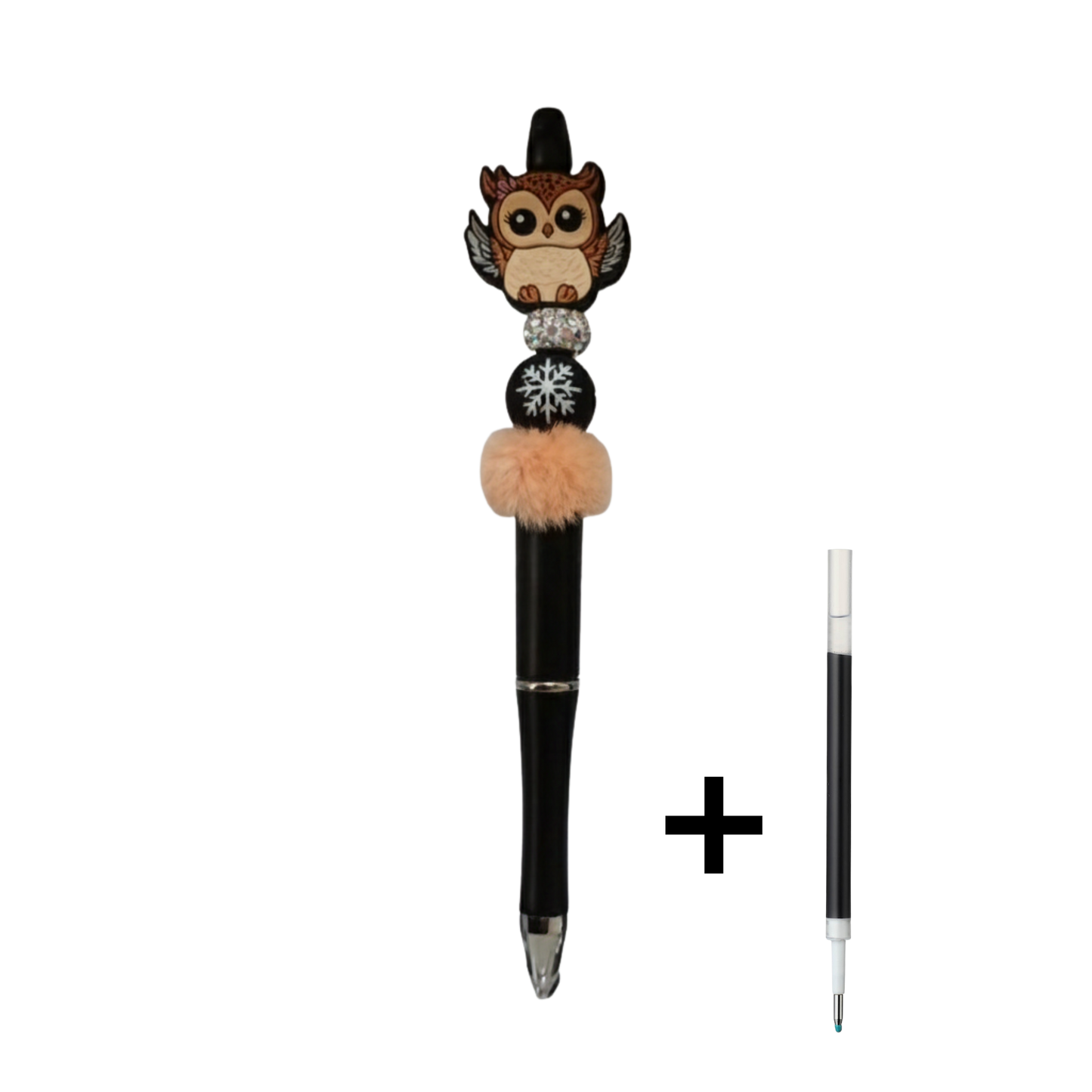 Penna con Gufo in Rilievo, Palla di Neve e Pompon | Idea Regalo Artigianale