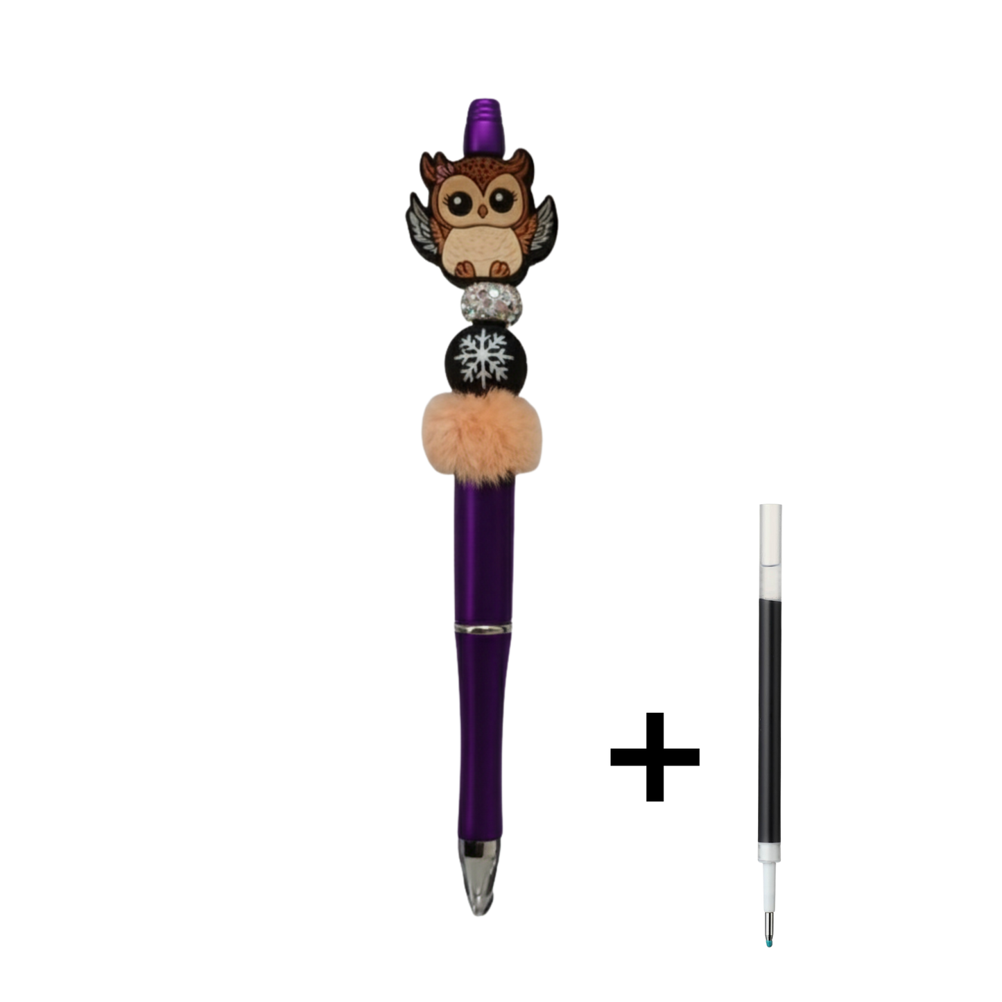 Penna con Gufo in Rilievo, Palla di Neve e Pompon | Idea Regalo Artigianale