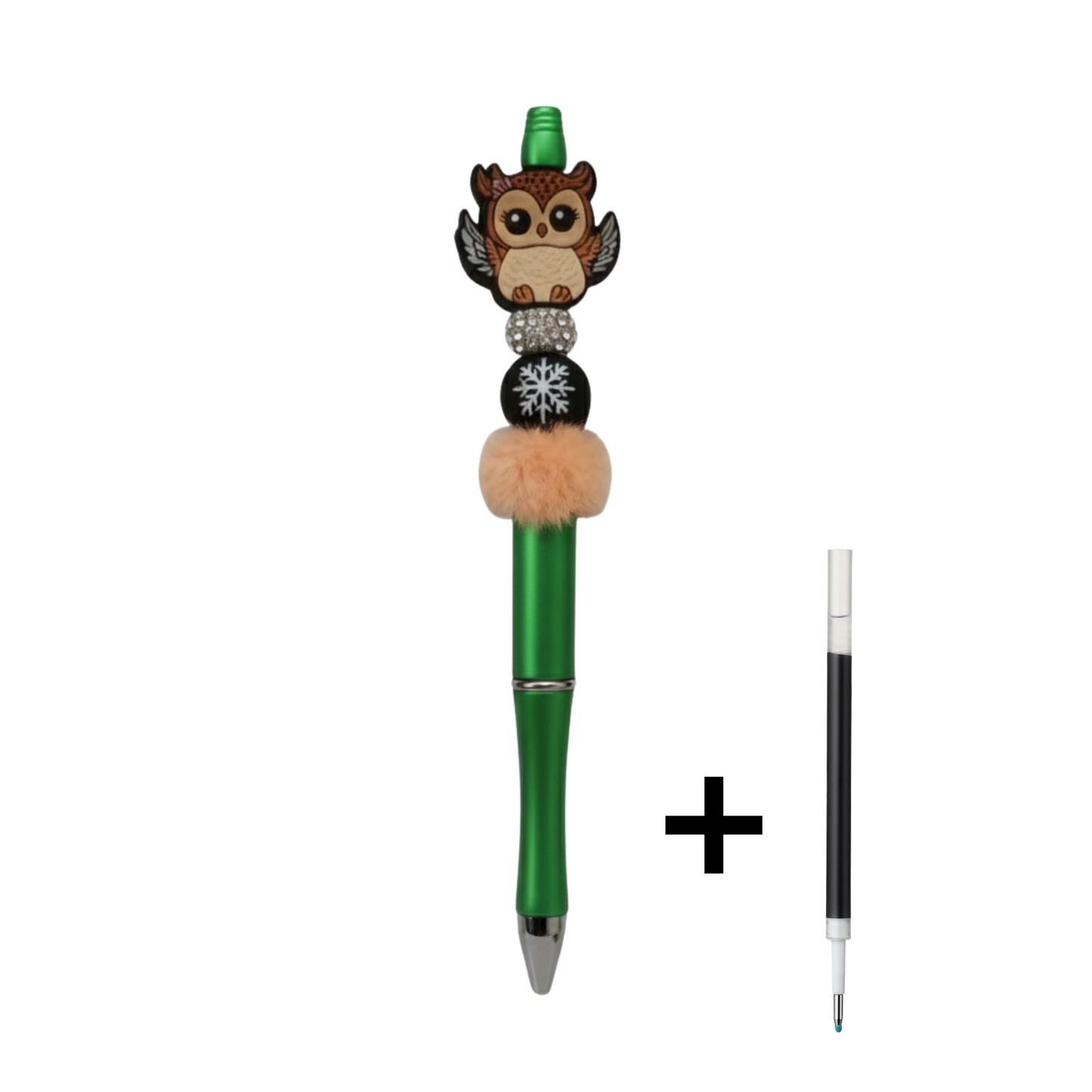 Penna con Gufo in Rilievo, Palla di Neve e Pompon | Idea Regalo Artigianale